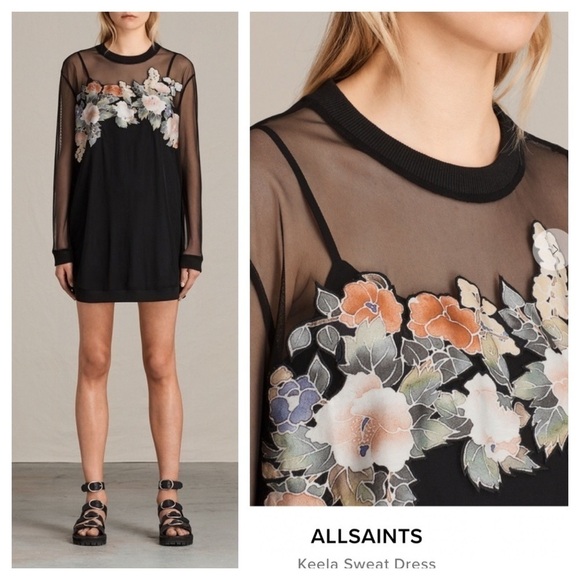 All Saints / Keela Sweat Dress  floral appliqué mesh long sleeve black small S - Picture 1 of 6